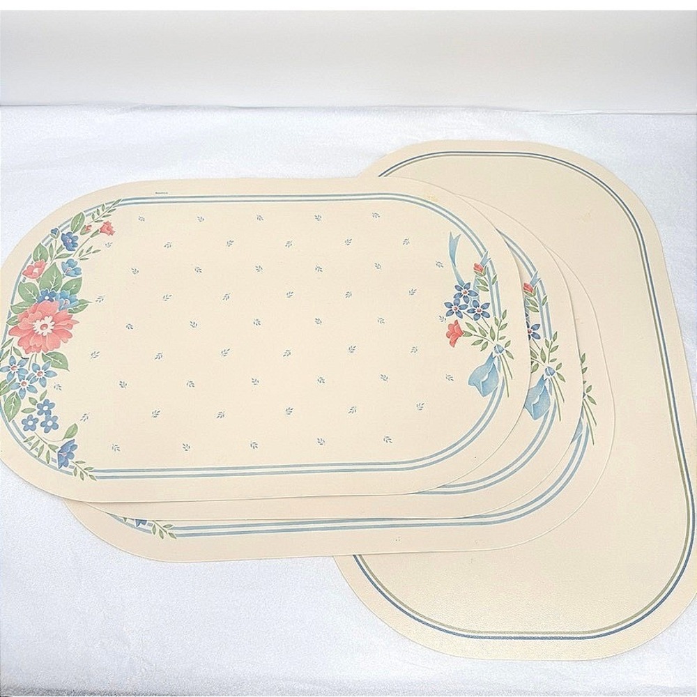 Placemats Reversible Vinyl Oval Floral VTG Ribbon Set of 4 Kitchen Decor Corning